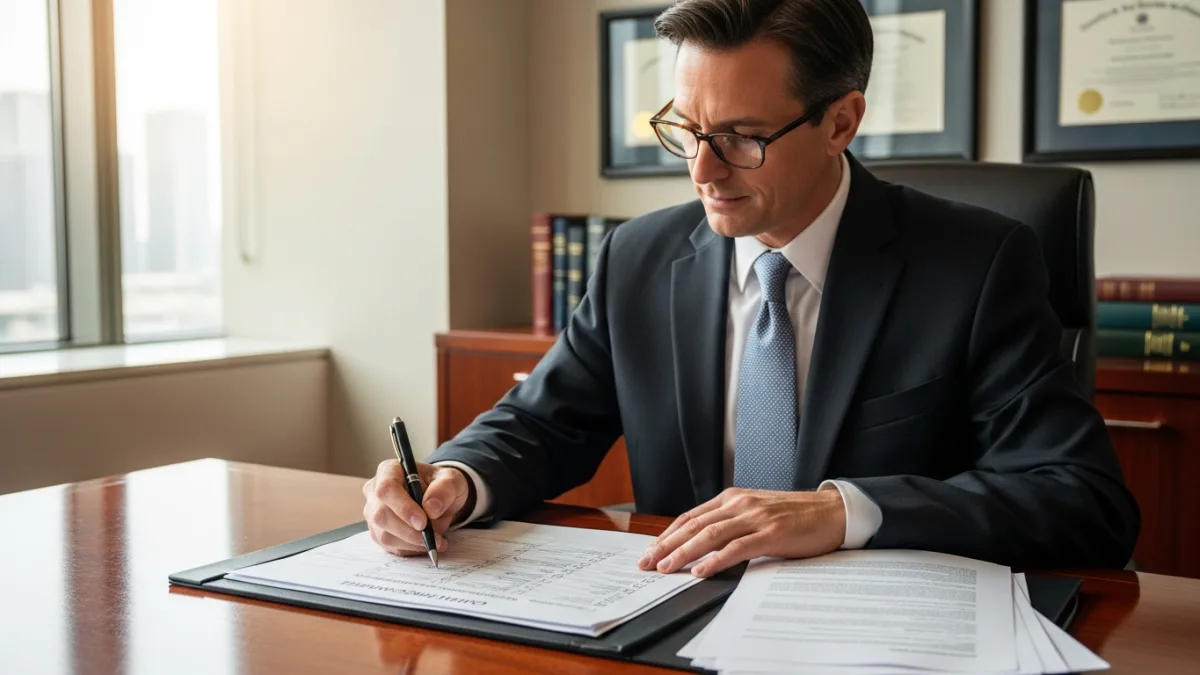 Attorney reviewing paralegal work output with a documented quality control checklist on a desk