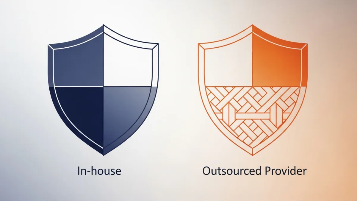 Side by side risk comparison graphic showing confidentiality, continuity, and accountability factors for in-house versus outsourced legal support