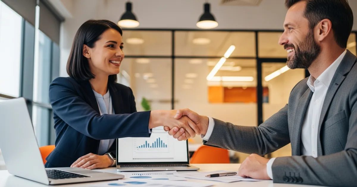 small business owner in a consultation discussing HR and payroll outsourcing options with a partner
