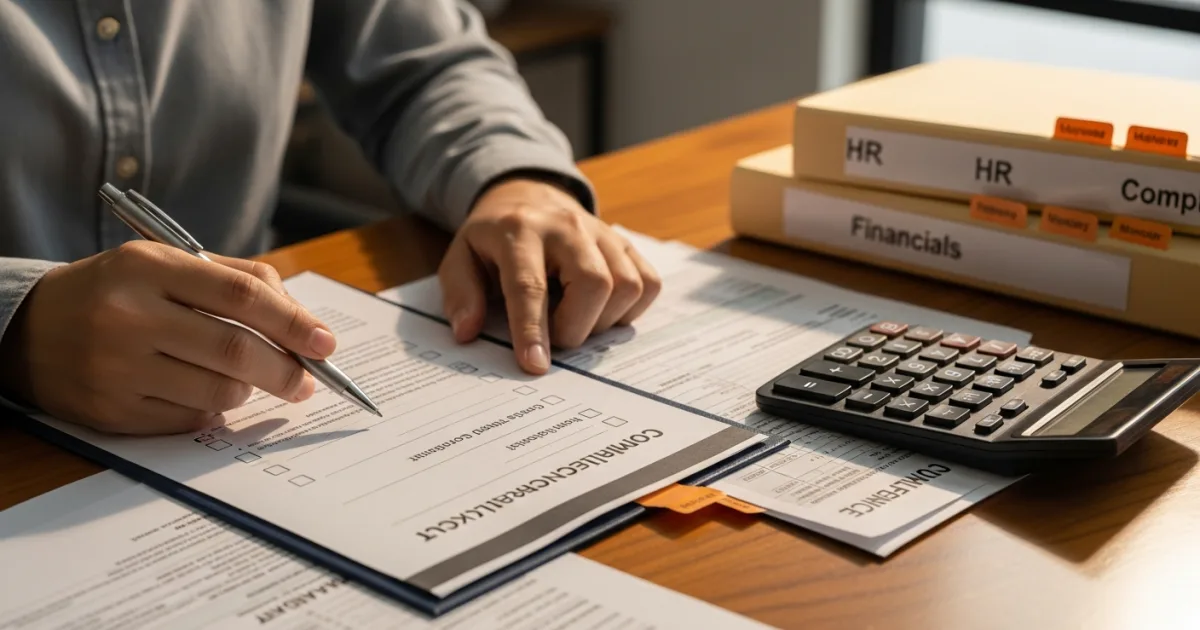 close-up of a small business compliance checklist and payroll documents being reviewed with a pen
