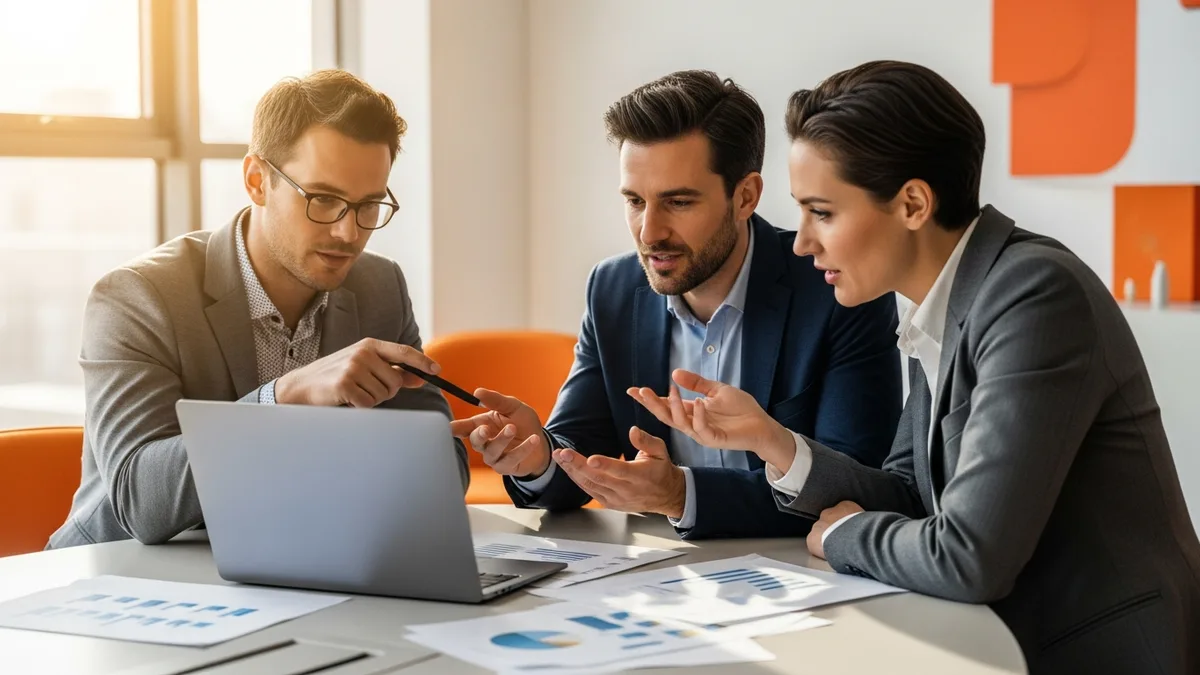 Small business team discussing whether to outsource payroll around a laptop and printed cost comparison