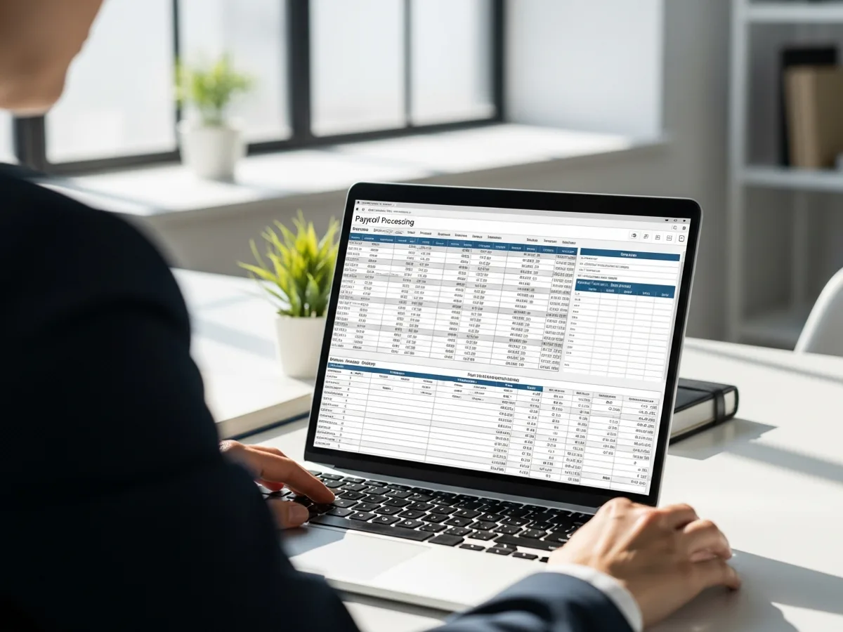 Payroll specialist reviewing payroll processing and tax filing for a US small business, Kore BPO
