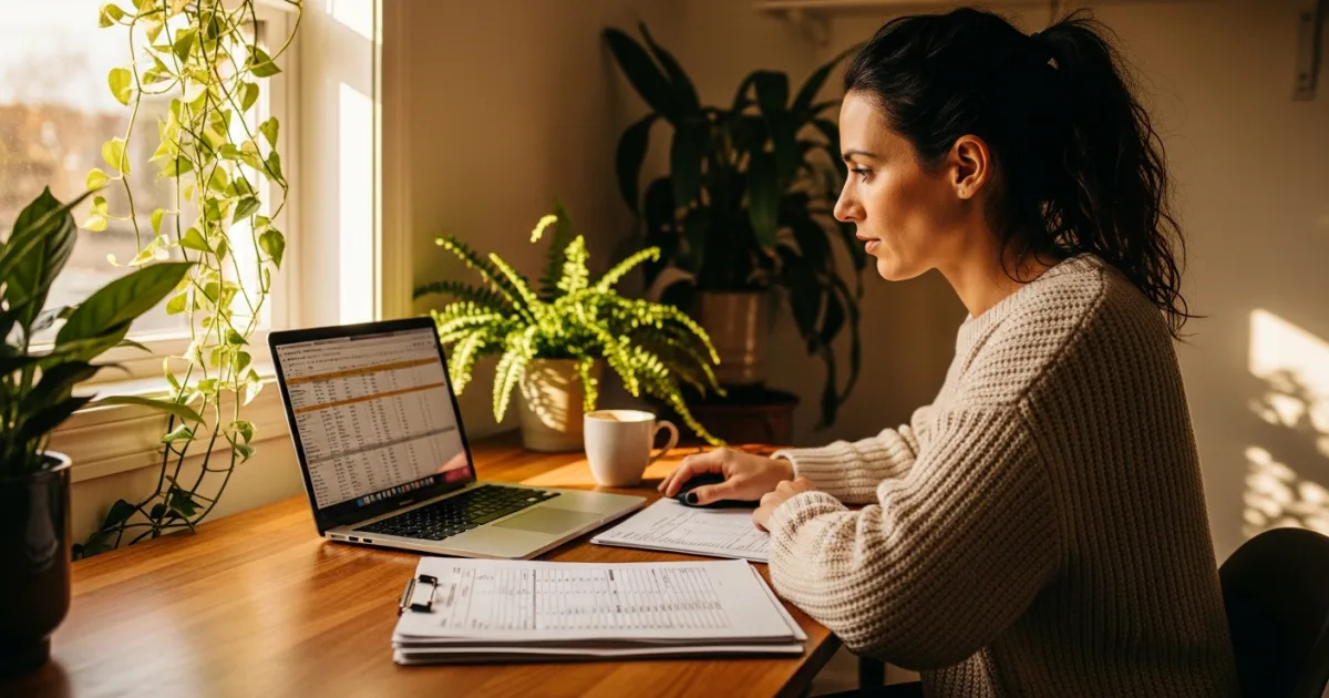 small business owner reviewing payroll paperwork and a laptop at a desk, considering payroll outsourcing