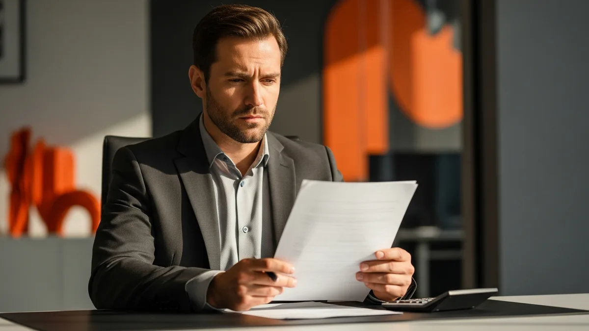 Finance manager reviewing an IRS payroll tax penalty notice with a calculator and documents