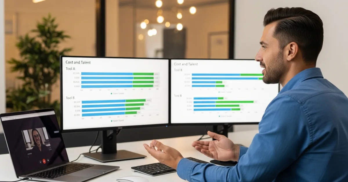 offshore analyst reviewing a Power BI and Tableau cost and talent comparison chart with a US client on a video call