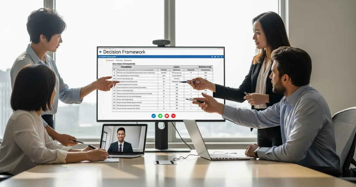 small business team and offshore developer reviewing a BI tool decision framework together on a monitor
