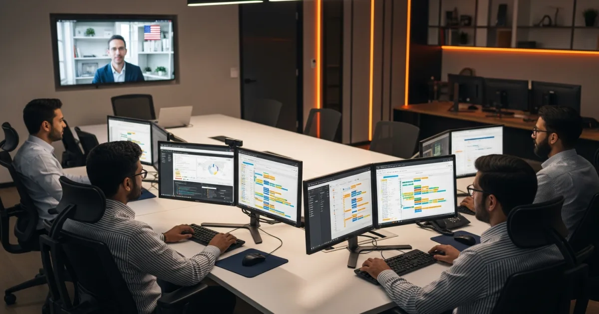 offshore QA testing engineers reviewing software test cases in a collaborative tech workspace