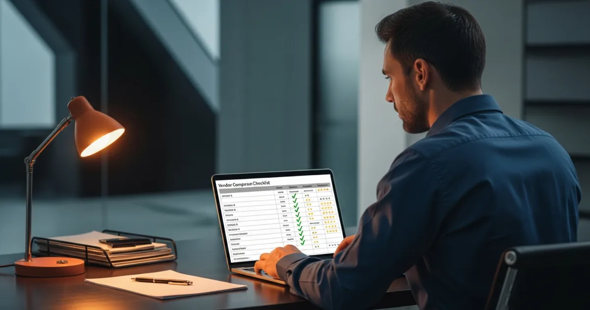 engineering lead reviewing QA outsourcing vendor evaluation checklist on a computer screen