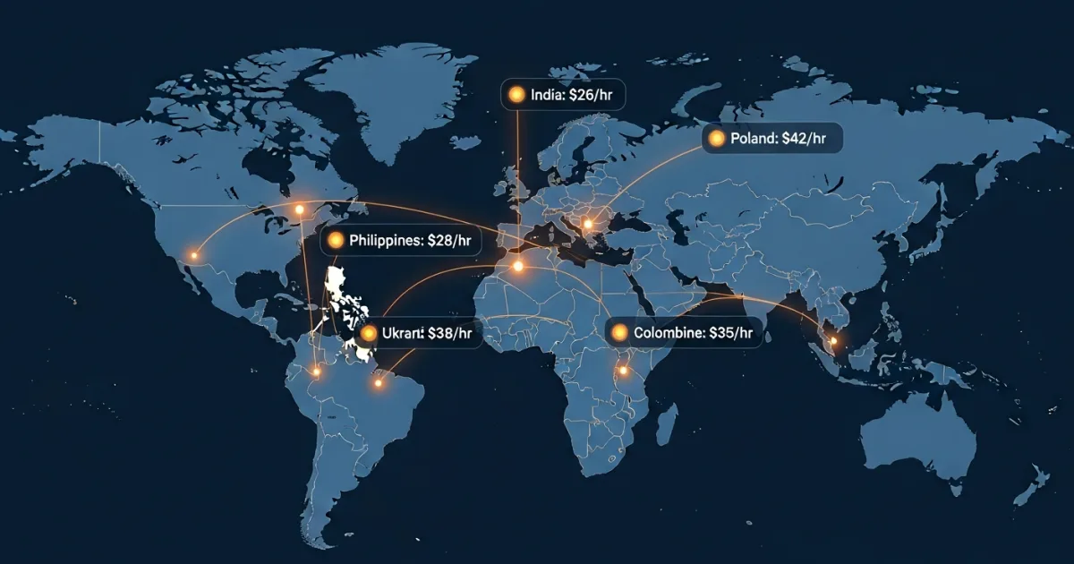 map showing offshore react native developer rate comparison across India Philippines Colombia Ukraine Poland
