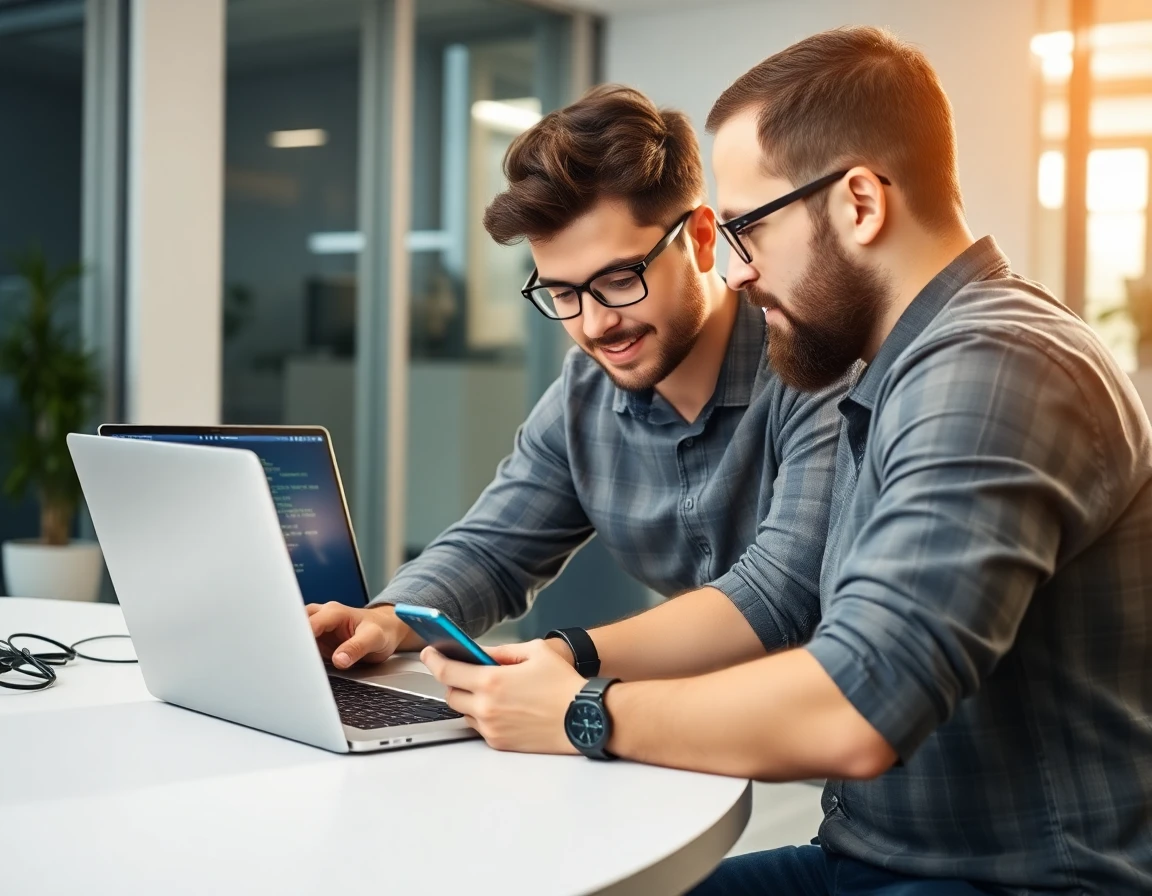 Developers collaborating on React Native mobile app code — Kore BPO