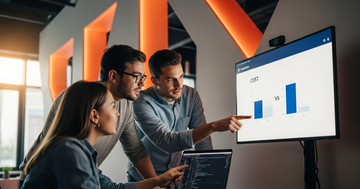 offshore software development team reviewing Ruby and Python backend code and cost comparisons on screen