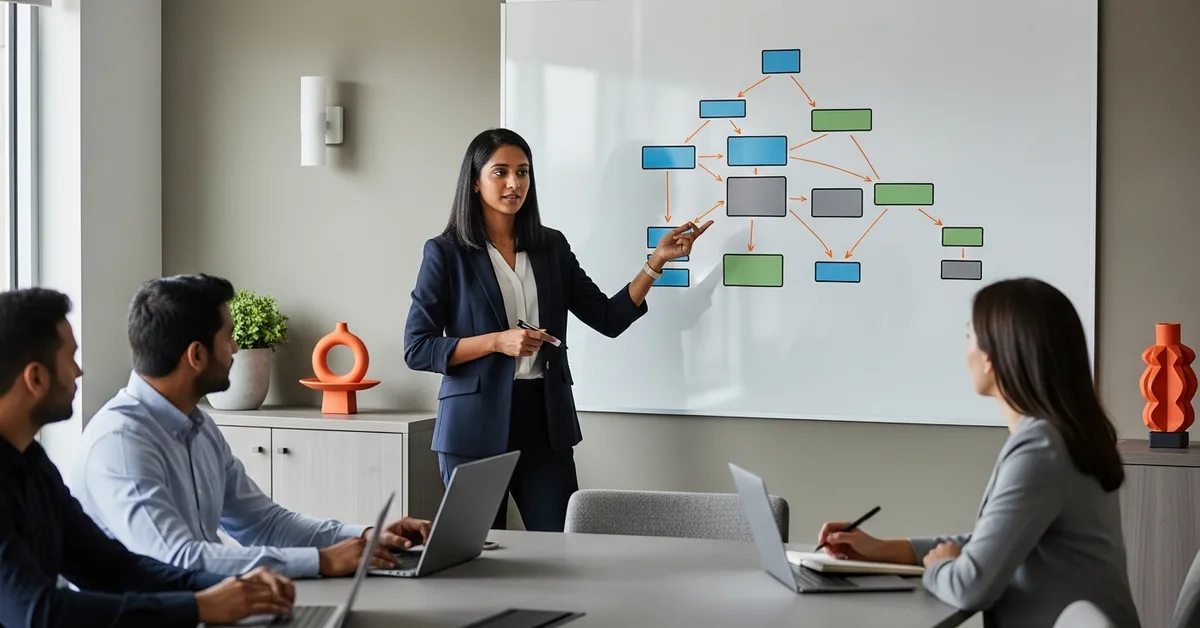 Offshore data architect explaining cloud data warehouse architecture on a whiteboard during a planning session