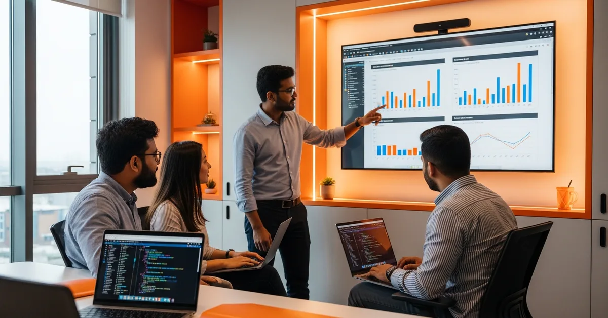 Offshore data engineering team reviewing a cloud data warehouse cost and performance dashboard on a large screen