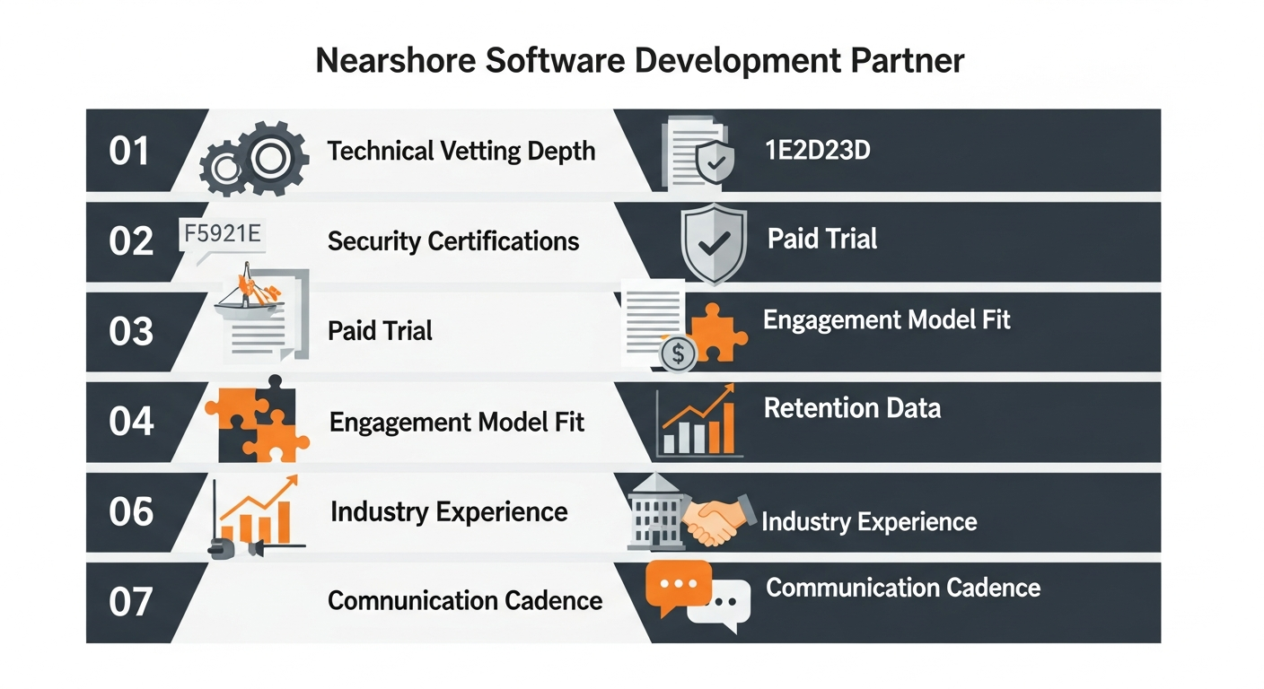 7-point scorecard for evaluating a nearshore software development partner covering vetting, certifications, trial period, engagement model, retention, industry fit, and communication