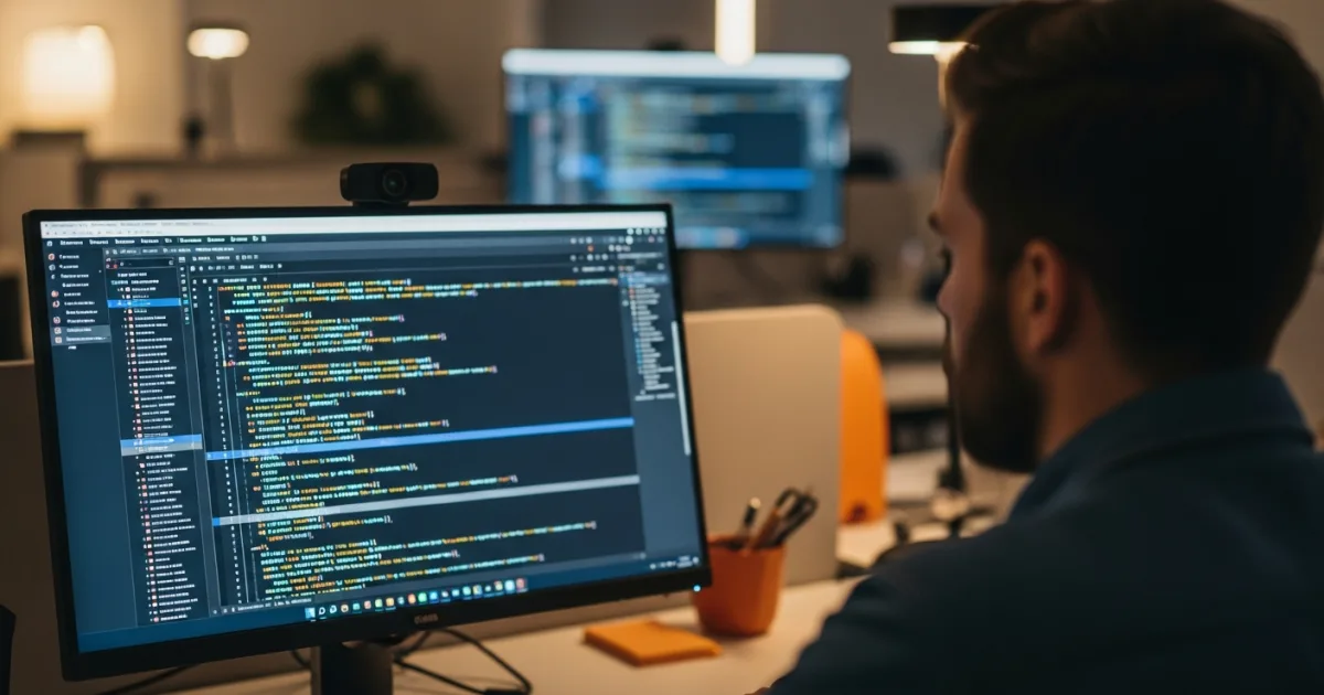 over the shoulder view of a developer reviewing typescript generics and strict type errors on a monitor