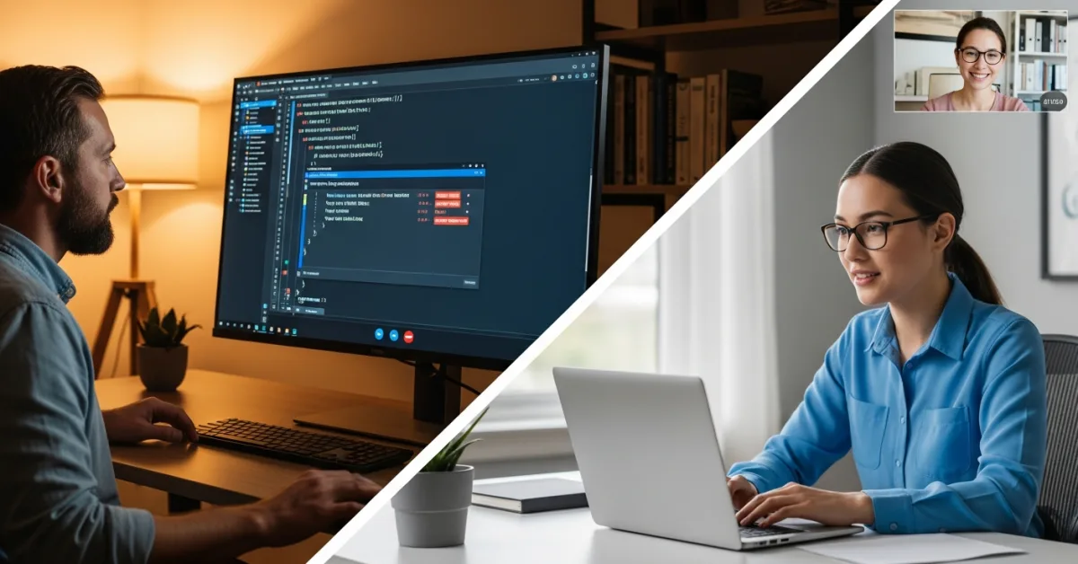 us tech lead and offshore developer on a video call reviewing typescript code together