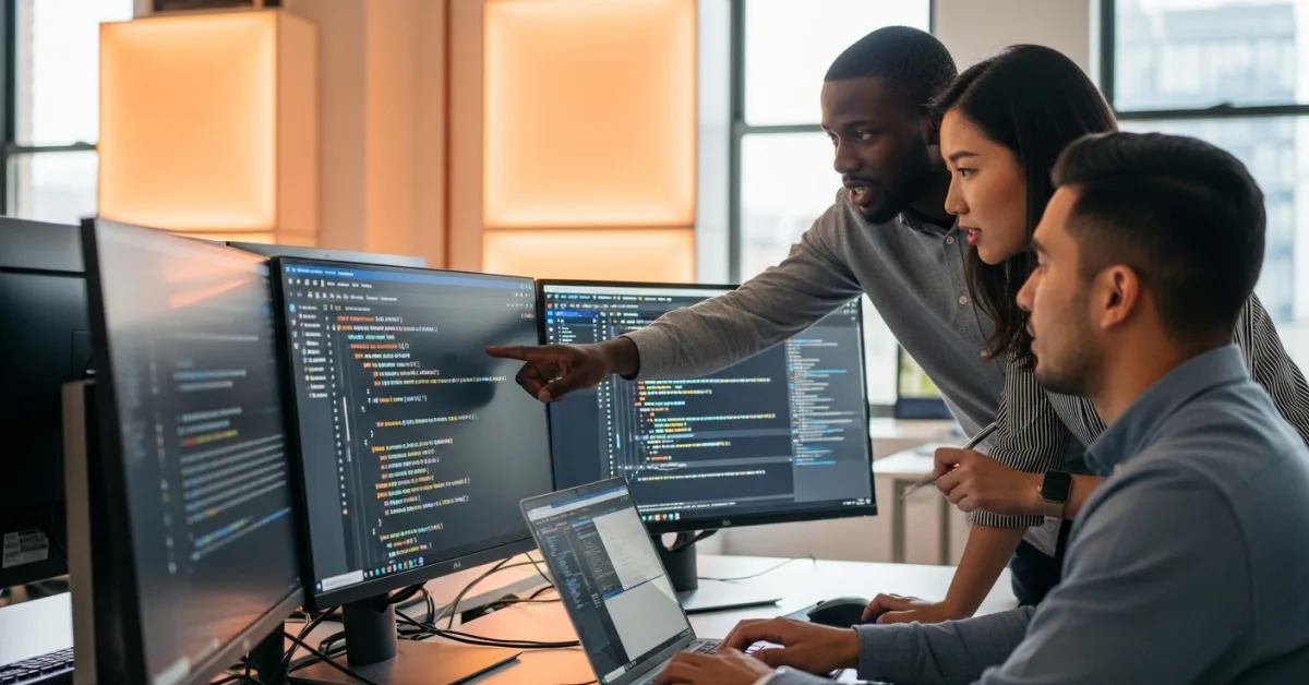 offshore development team reviewing typescript code on multiple monitors in a modern office