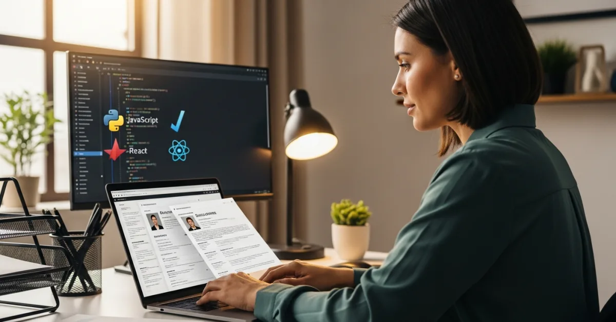 recruiter reviewing offshore typescript developer resumes and profiles on a laptop