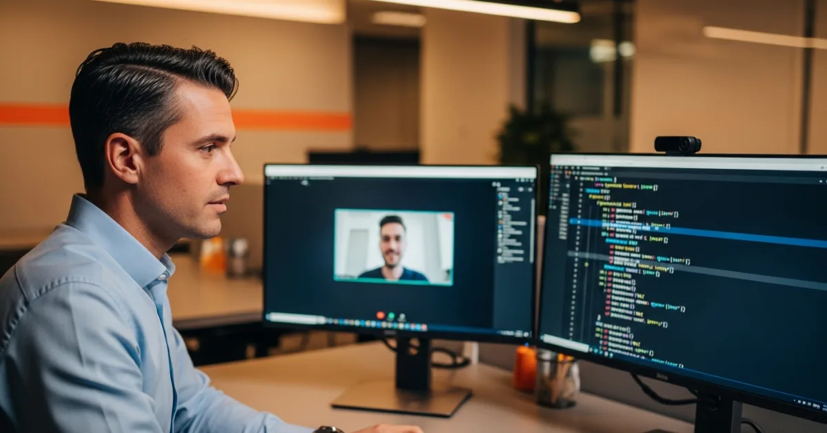 hiring manager reviewing offshore typescript developer code during a video technical interview