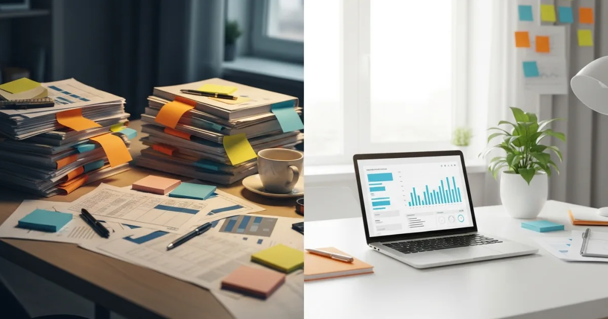 small business owner looking at a clean unified dashboard next to a pile of messy disconnected spreadsheets