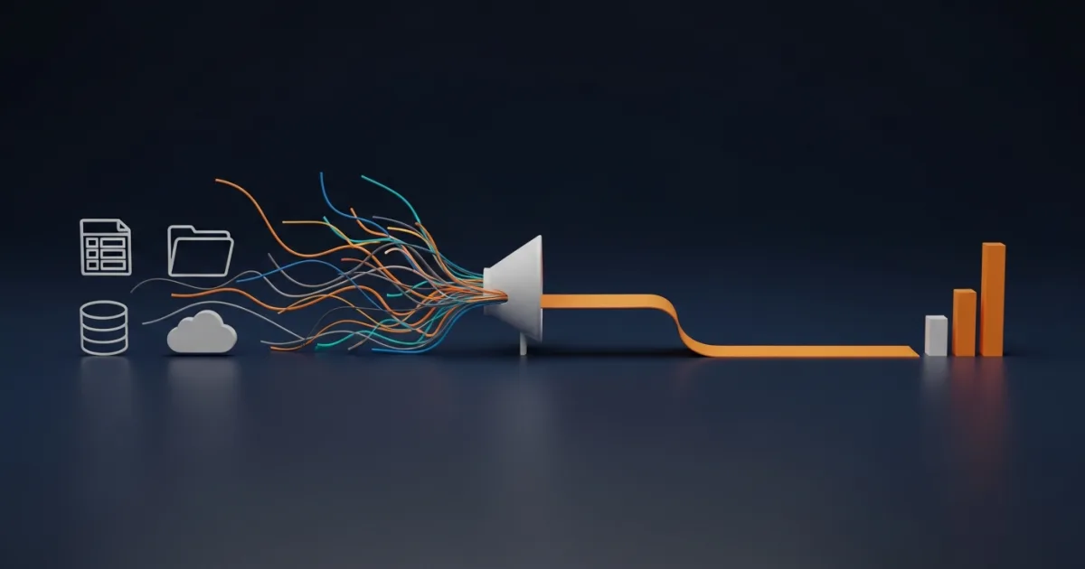 scattered data streams from multiple business tools flowing into one organized data pipeline
