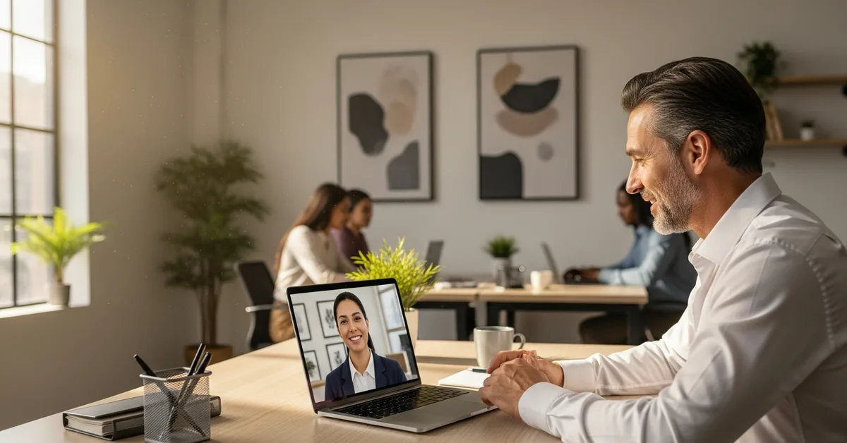 US hiring manager on a video call reviewing a nearshore recruiting shortlist with a Latin America based recruiter