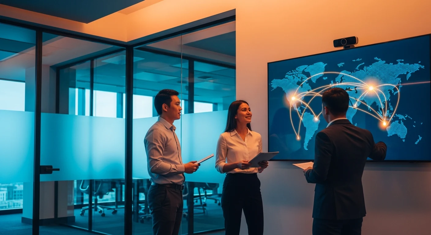 Global engineering team reviewing a world map of offshore software development connections on a wall monitor