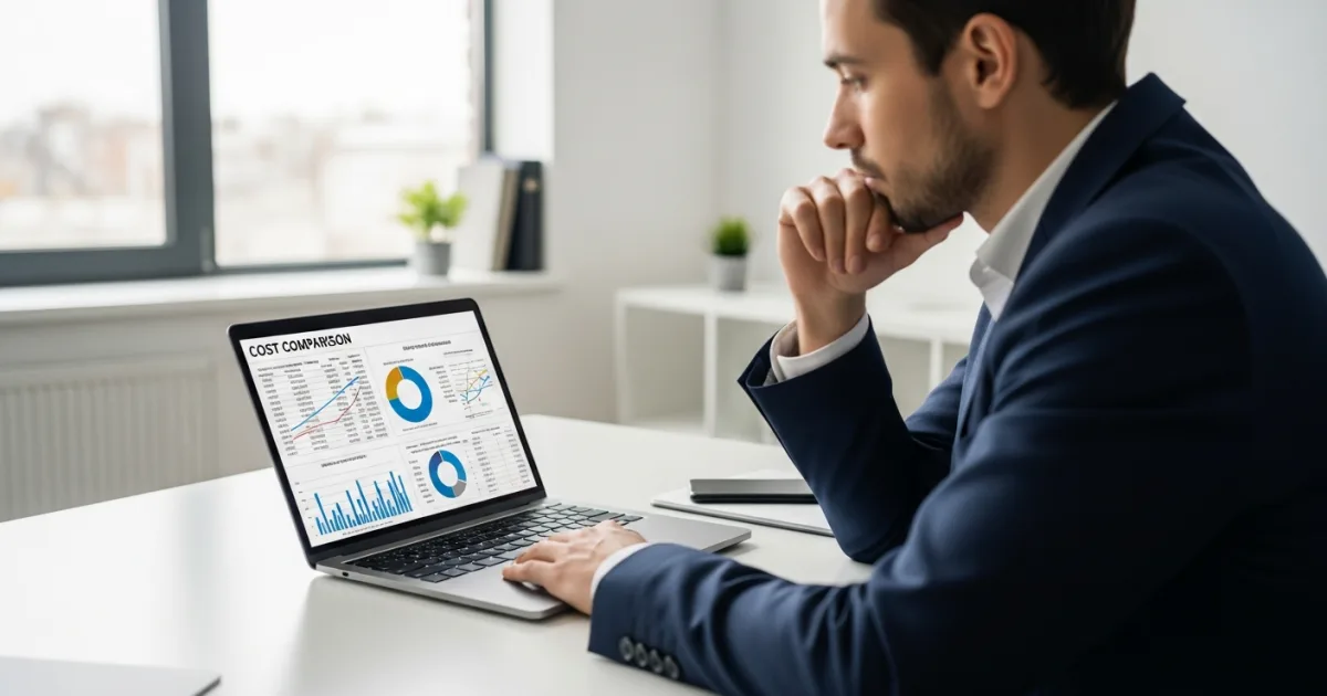 Business owner reviewing WordPress development outsourcing cost comparison data on a laptop