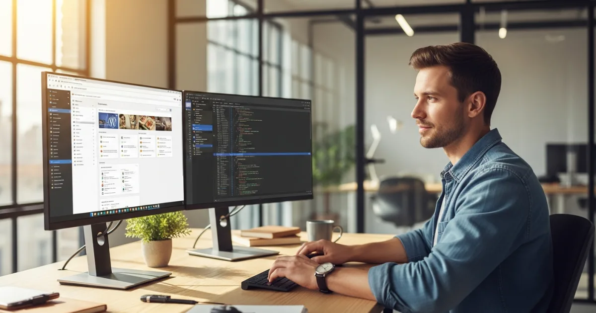 WordPress developer at dual monitors in a modern remote office setting