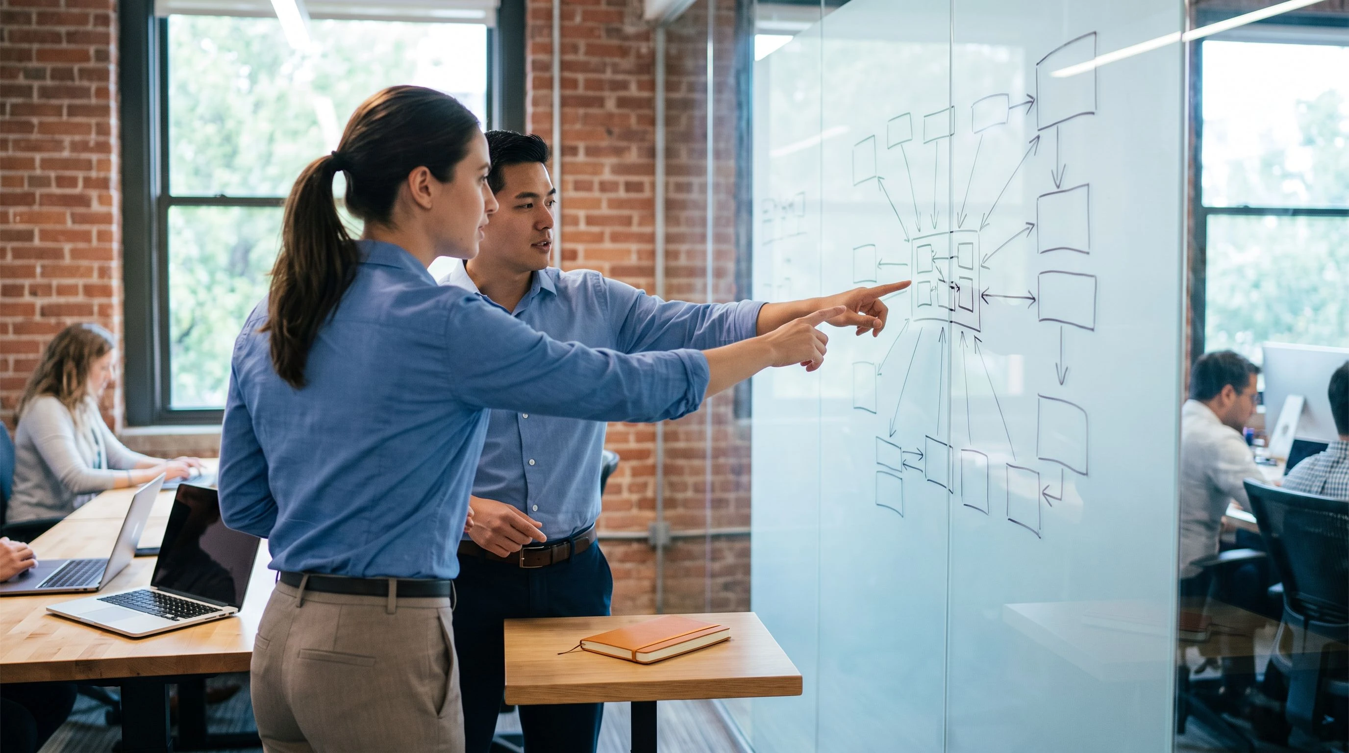 Angular developer discussing component architecture with a teammate at a whiteboard