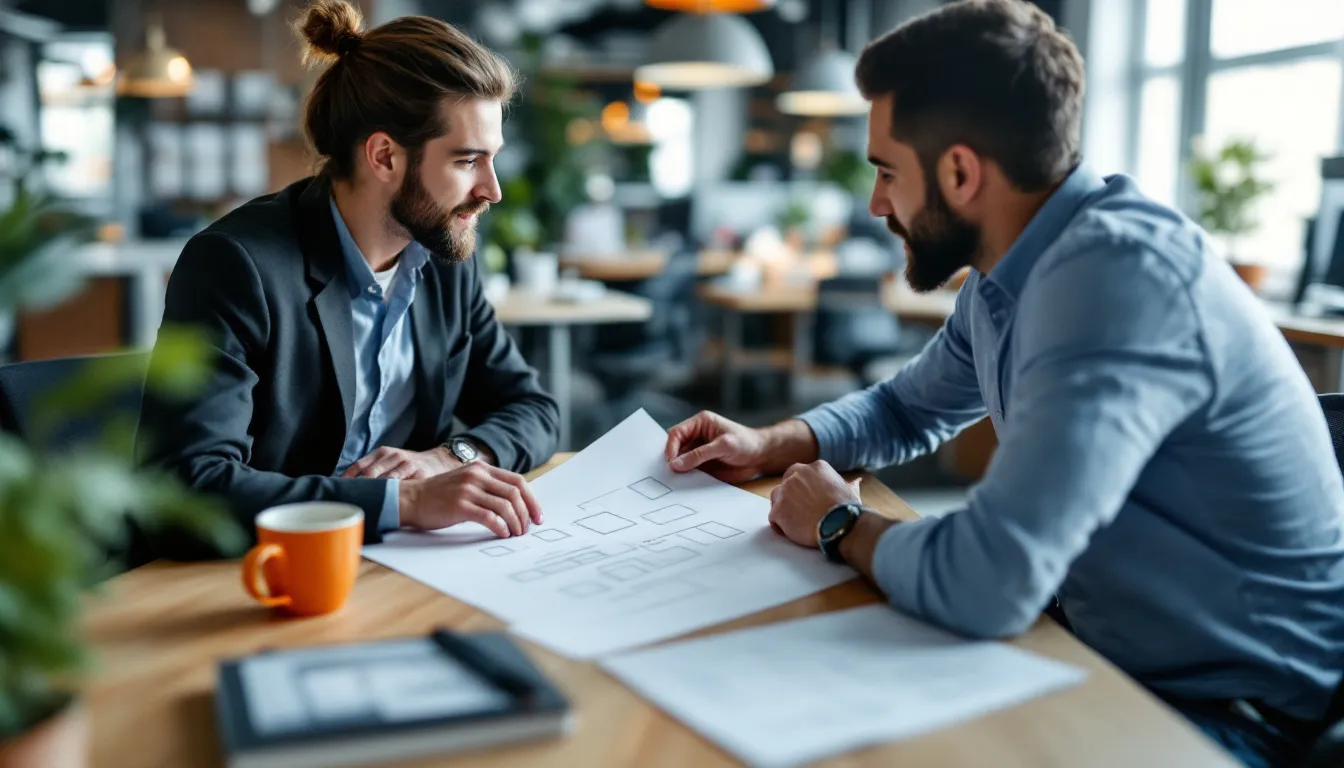 Two colleagues discussing an AWS architecture diagram printout during a technical interview