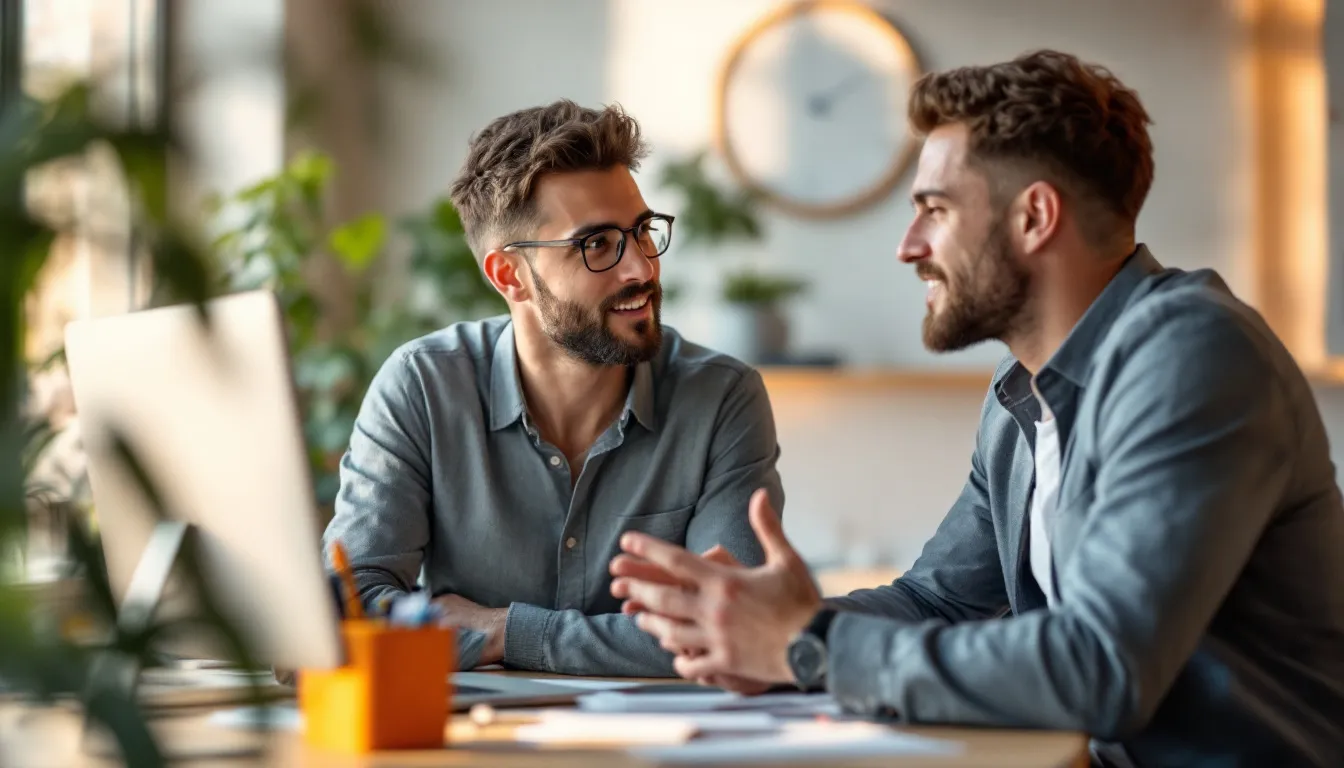 Two colleagues in conversation at a desk during a nearshore hiring communication and culture fit interview