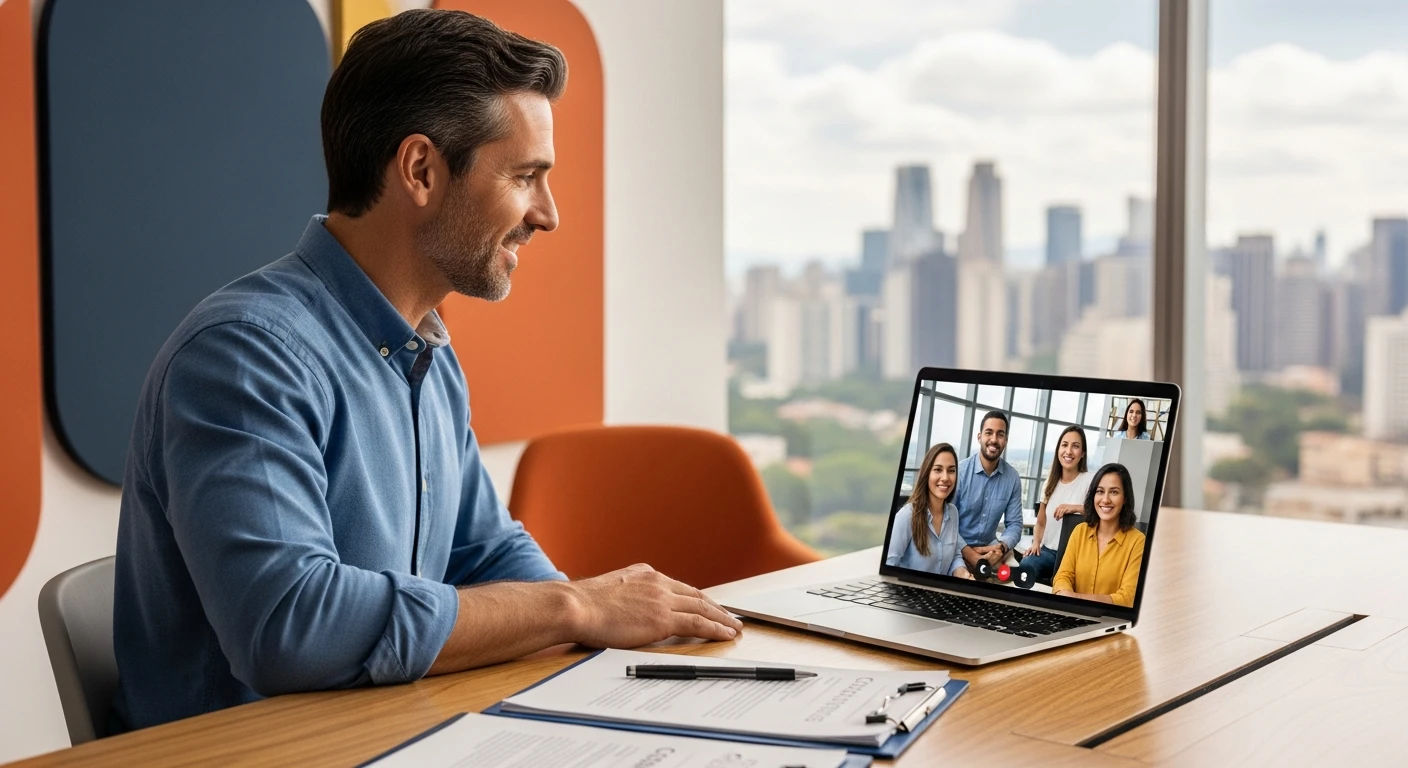 US hiring manager on a video call with a Sao Paulo based Brazil staffing agency team reviewing a candidate shortlist