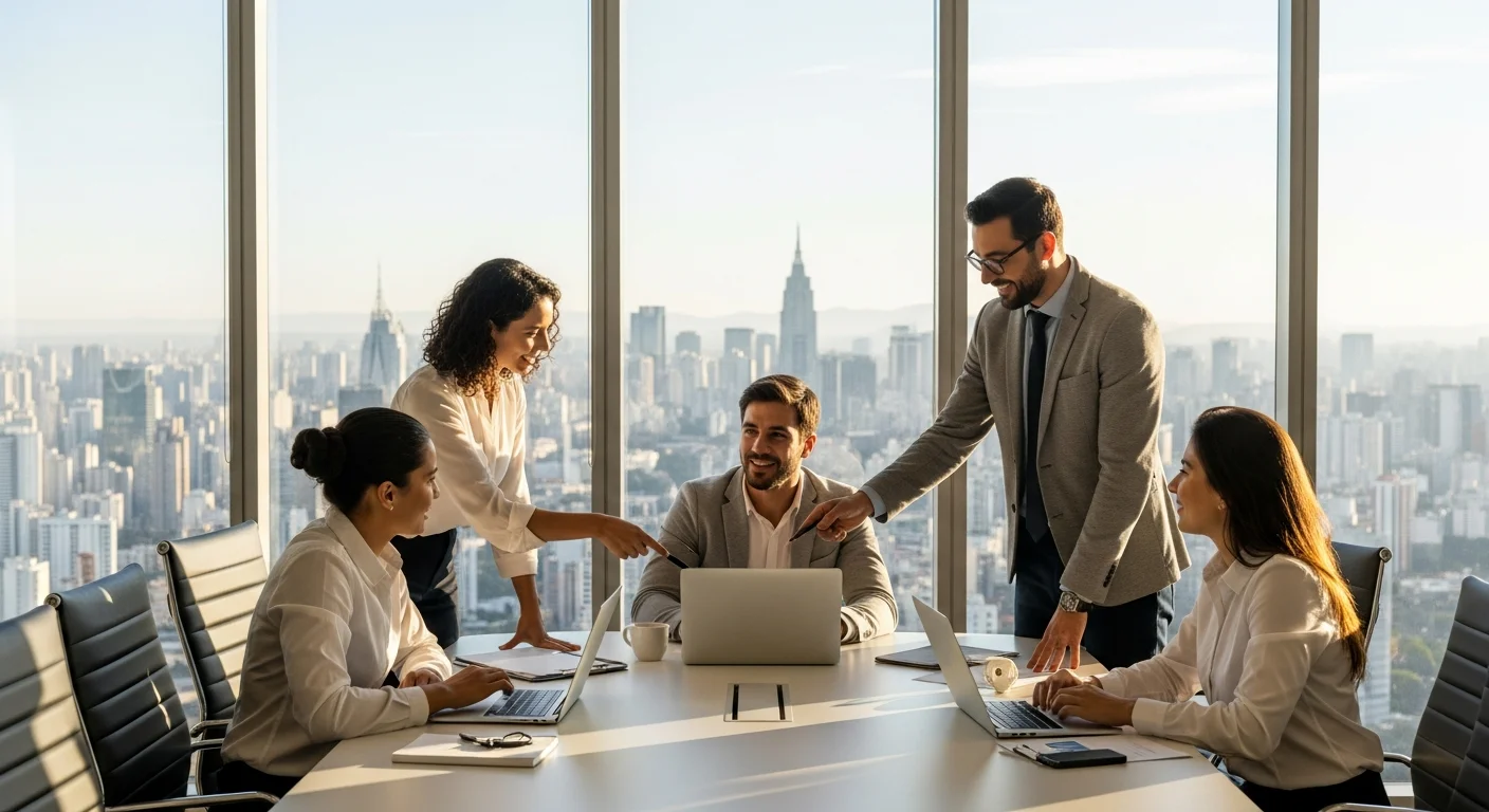 Brazil staffing agency team collaborating in a Sao Paulo office overlooking the skyline