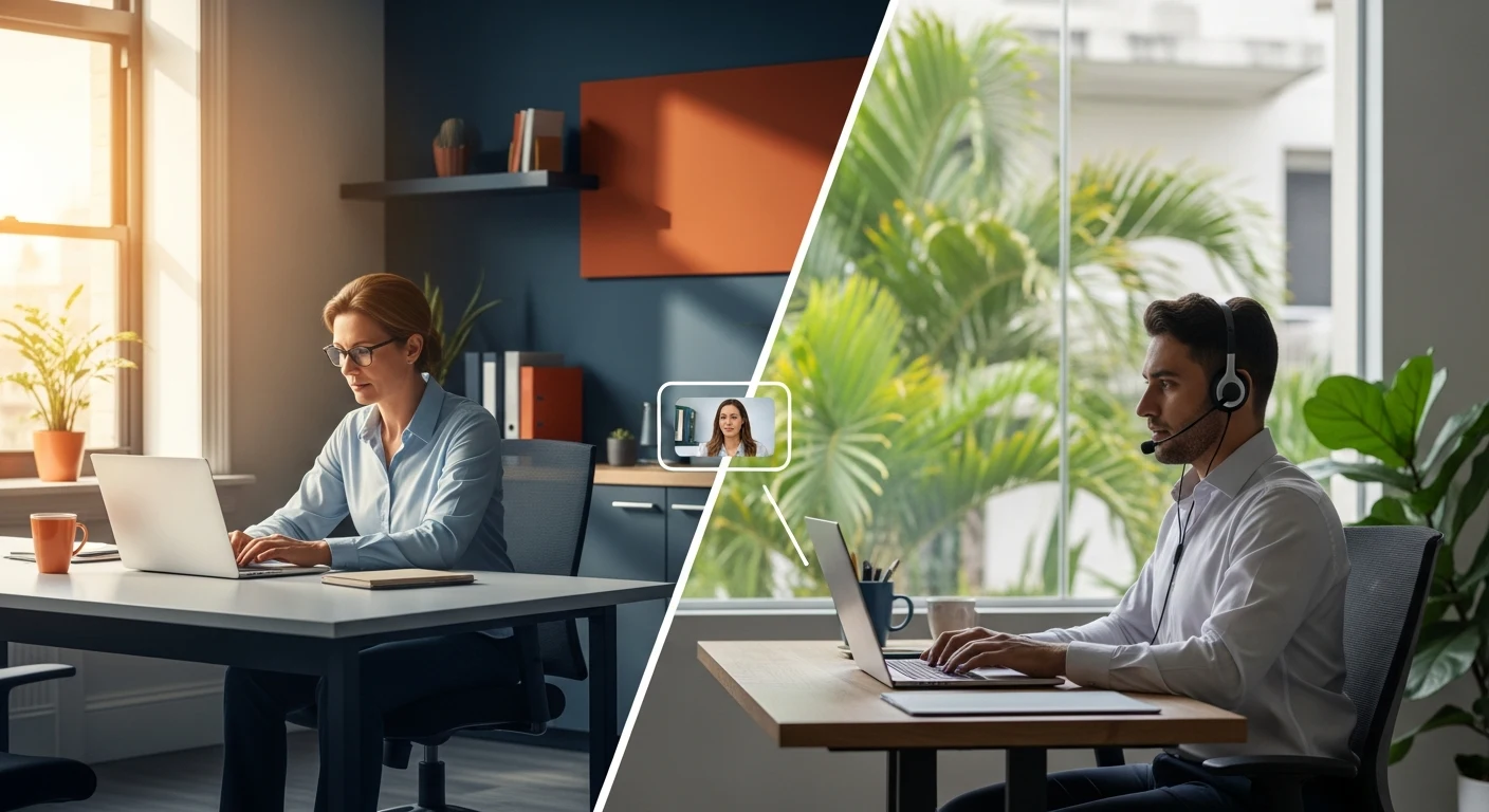 Split scene showing a US office hire on one side and a Brazil-based remote team member on the other, representing a Brazil staffing agency versus a traditional US staffing agency