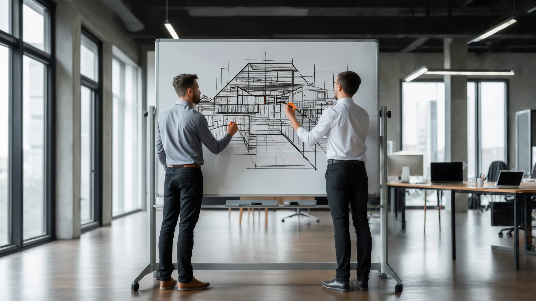 Two engineers drawing a cloud architecture diagram on a whiteboard, orange marker used for key components