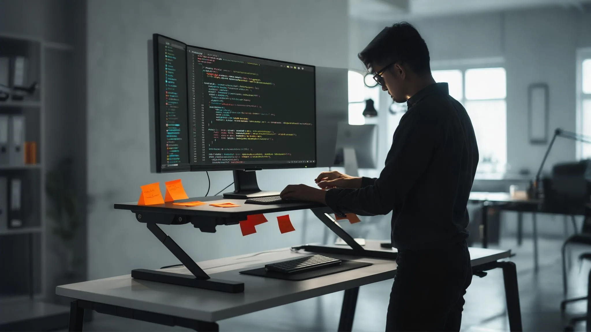 Developer reviewing Terraform infrastructure code on a wide monitor, orange sticky notes on the desk nearby