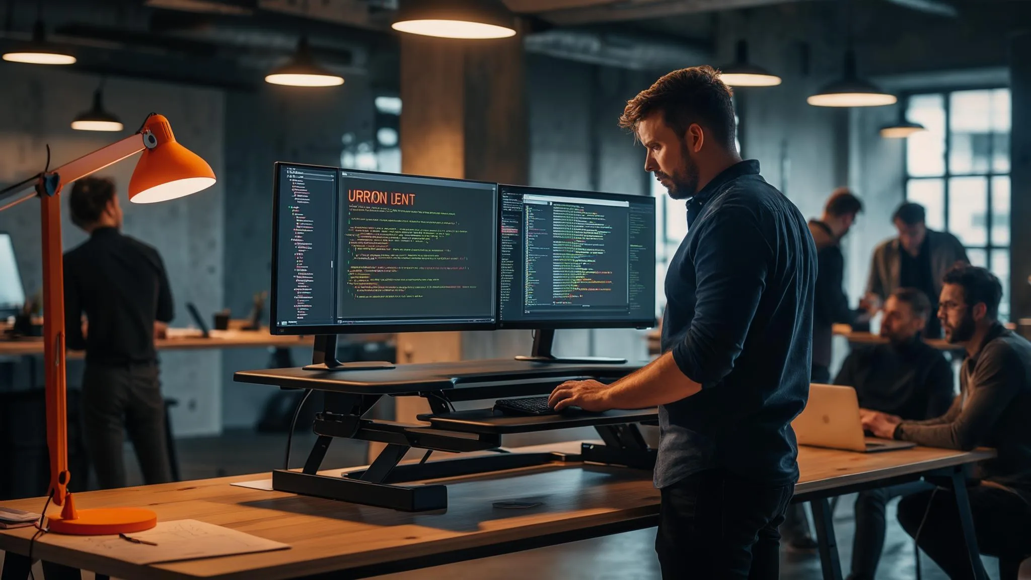 Engineer at a standing desk responding to an incident on two monitors, team members collaborating in the background, orange accent lamp nearby