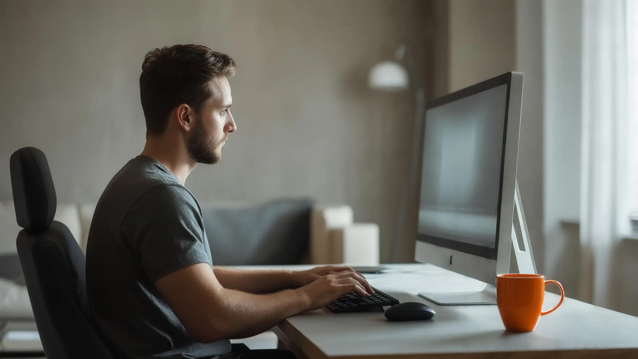 Cloud engineer working remotely on a large monitor in a home office setup, small orange coffee mug on the desk beside the keyboard