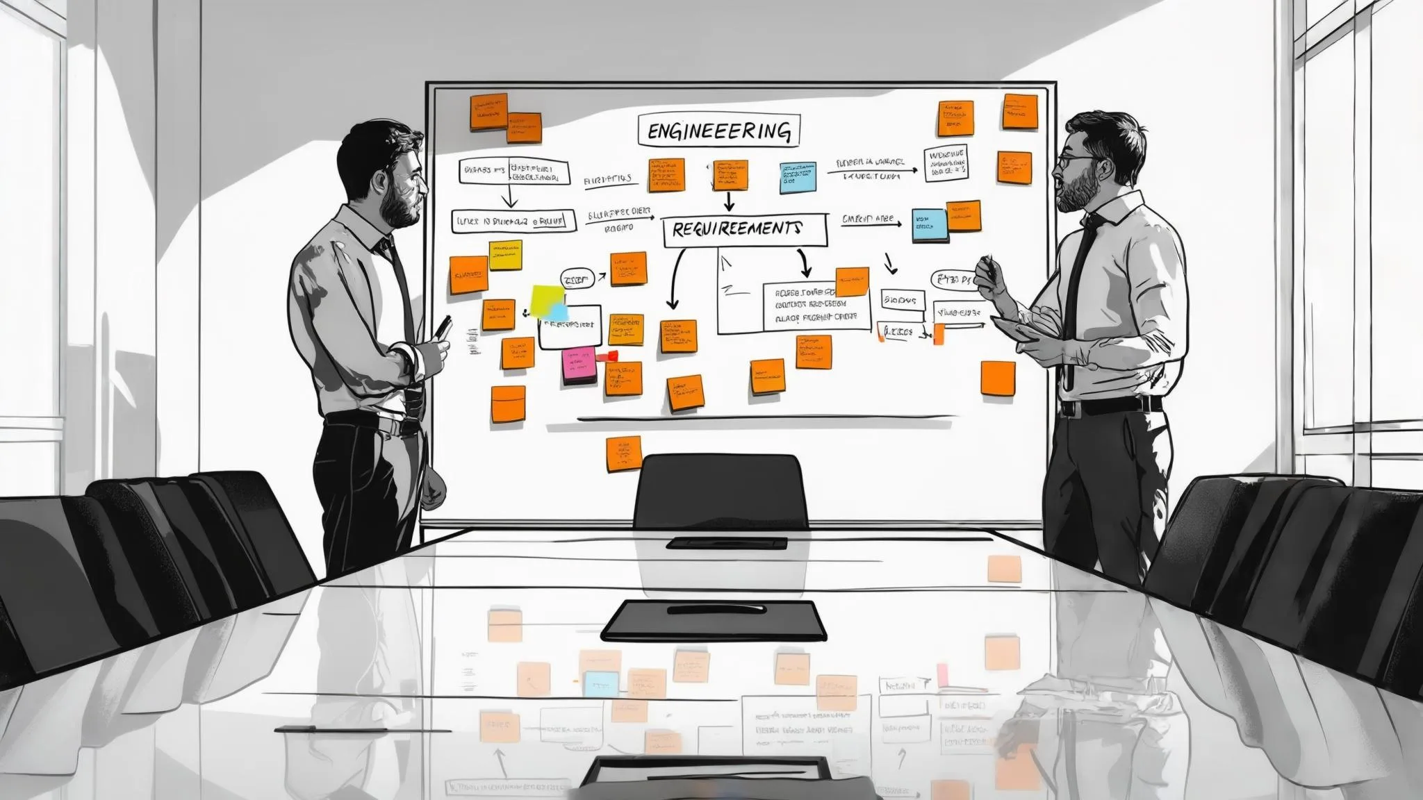 Engineering lead and recruiter discussing technical requirements on a whiteboard in a bright conference room, orange sticky notes visible