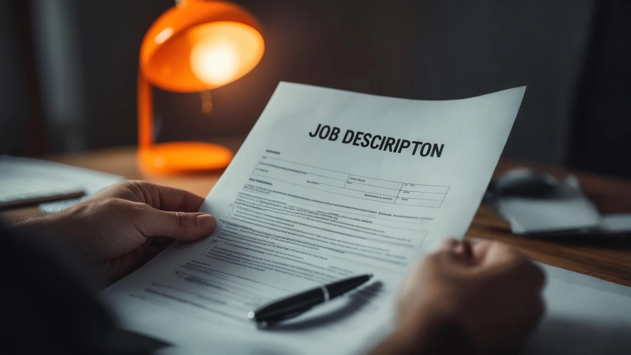 Close-up of a printed job description template being reviewed with a pen, warm orange desk lamp in the background