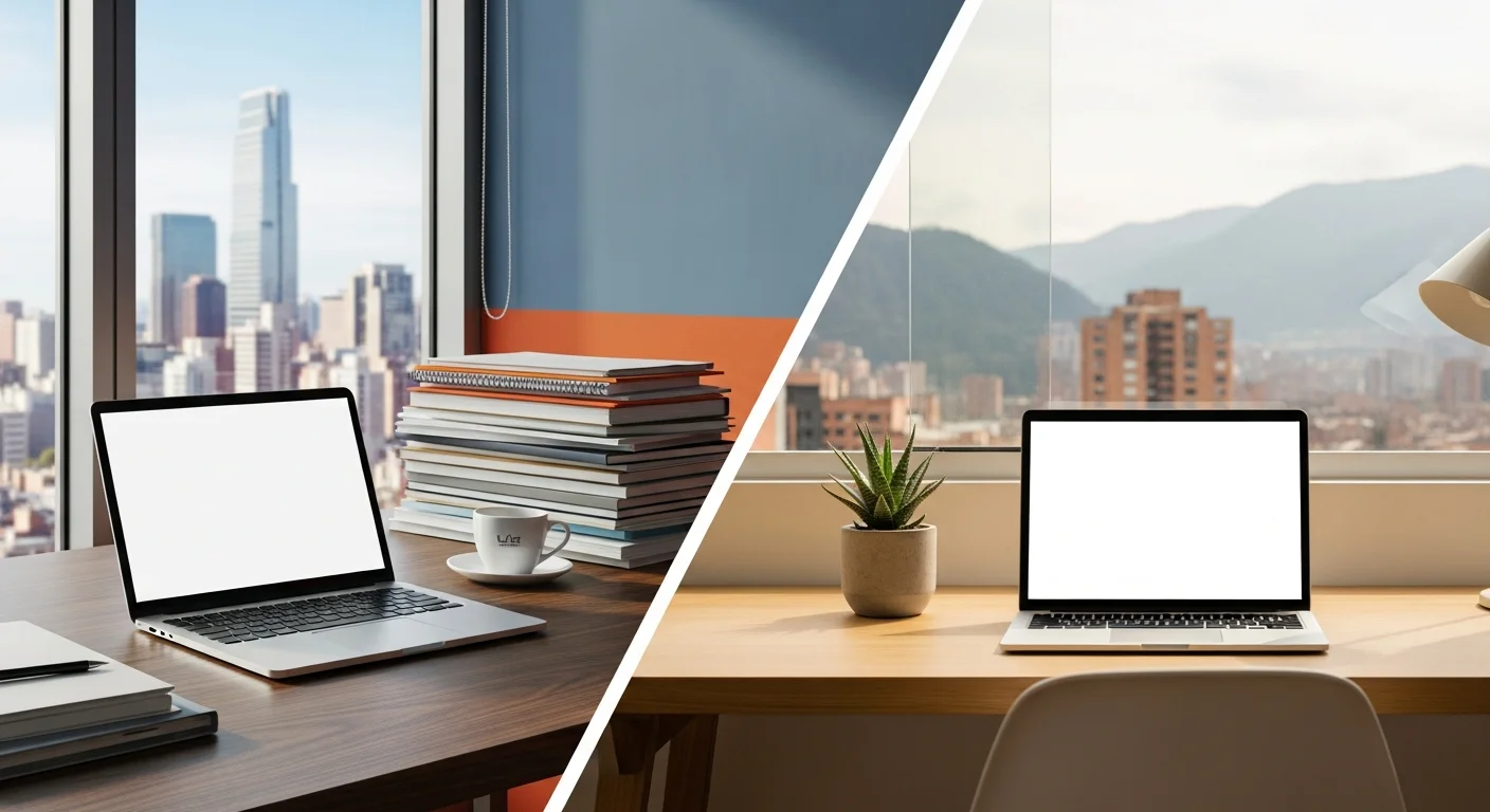 split image of a US office desk on one side and a home office setup in Colombia on the other, representing Colombia staffing versus a traditional staffing agency
