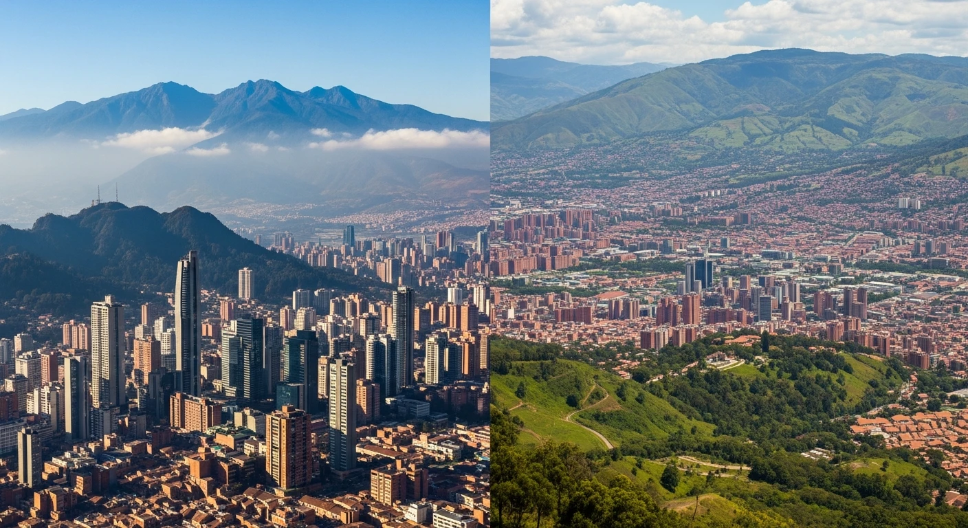 Aerial skyline comparison of Bogota and Medellin, Colombia's top staffing hubs
