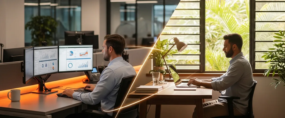 Split scene showing a US office hire on one side and a Costa Rica-based remote team member on the other