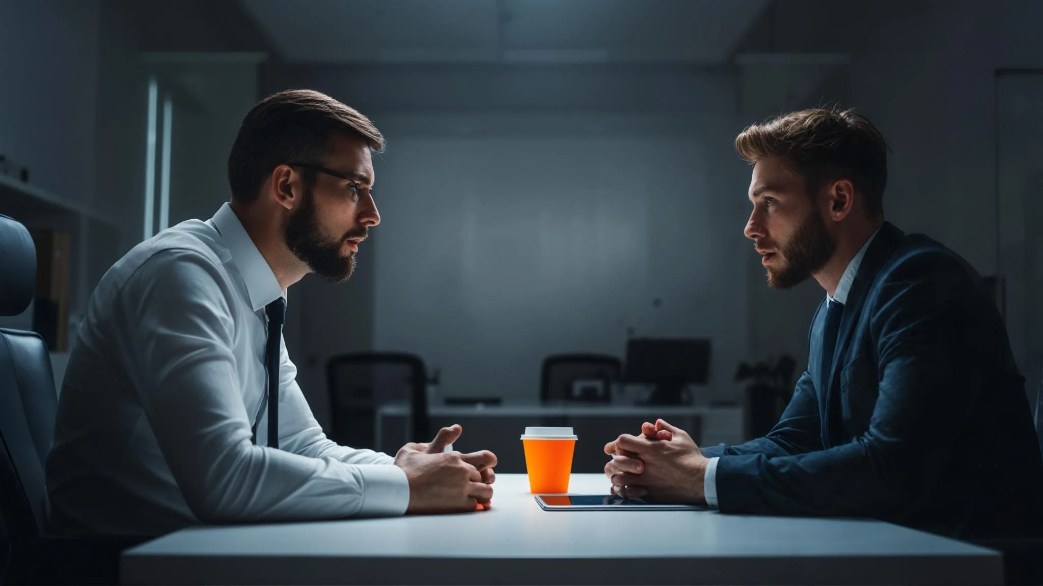 Hiring manager conducting a technical interview with a data engineer candidate at a conference table, laptops open
