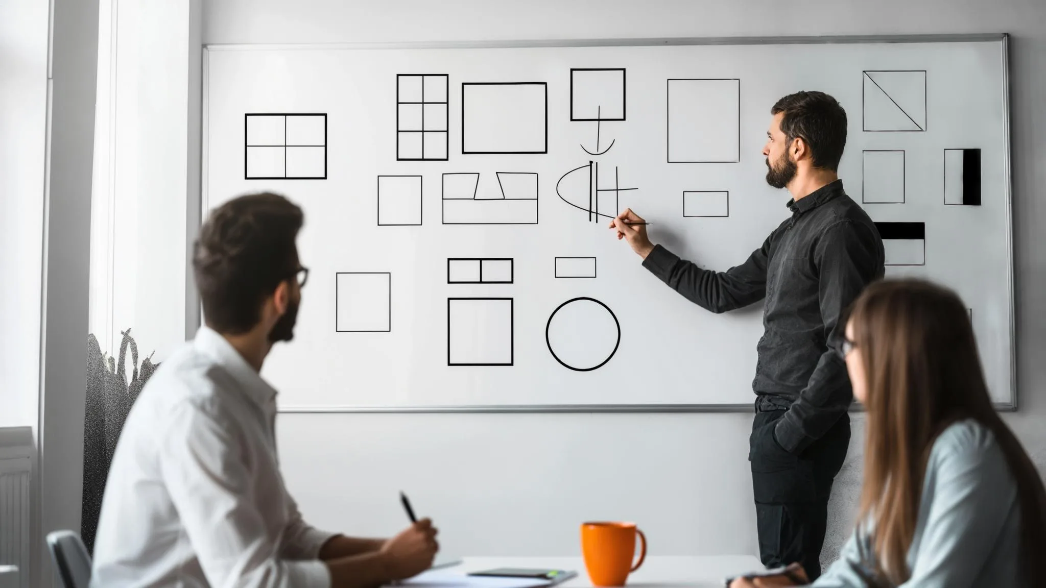 DevOps engineer and engineering manager reviewing a skills requirements list together at a conference table, laptops open
