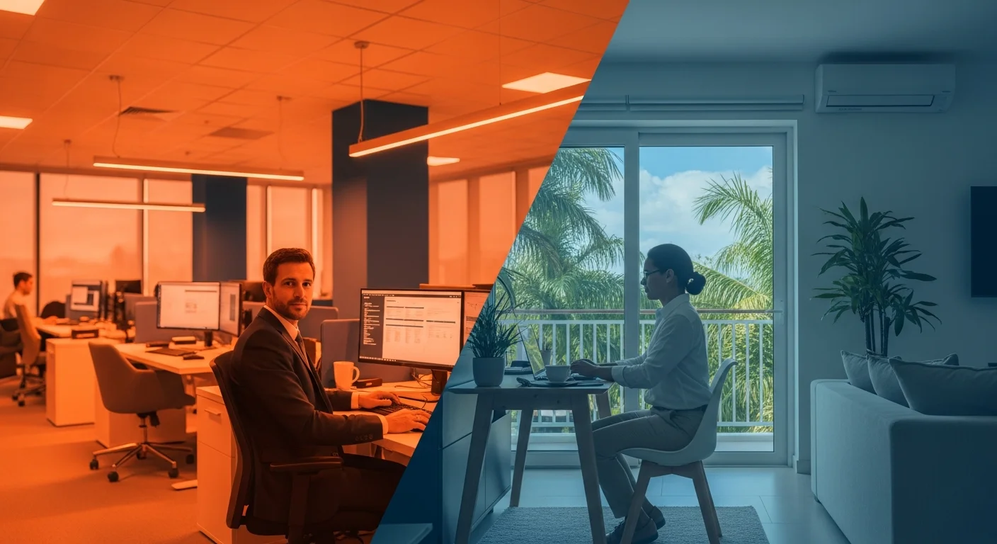 Split scene showing a US office hire on one side and a Dominican Republic-based remote team member on the other, representing a Dominican Republic staffing agency versus a traditional US staffing agency