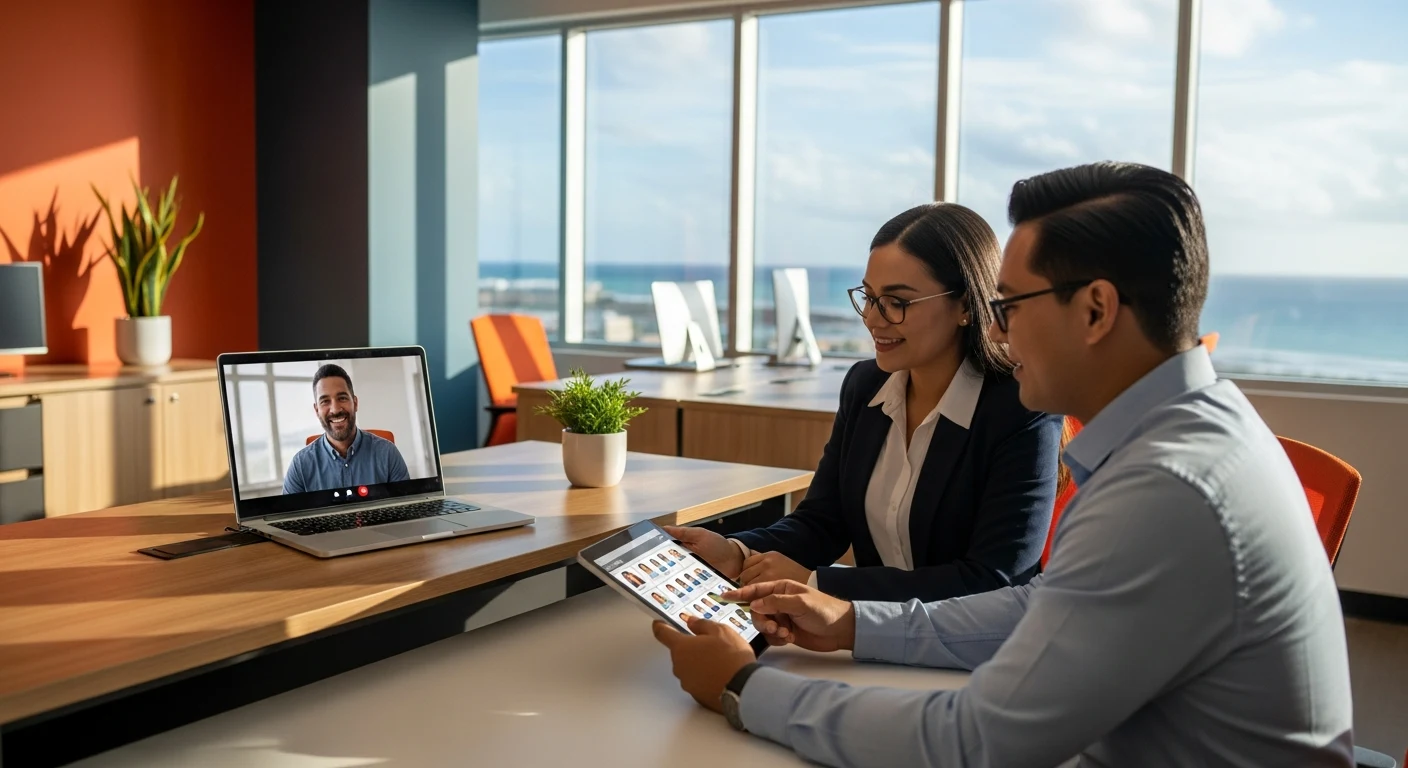 US hiring manager on a video call with a Santo Domingo based Dominican Republic staffing team reviewing a candidate shortlist