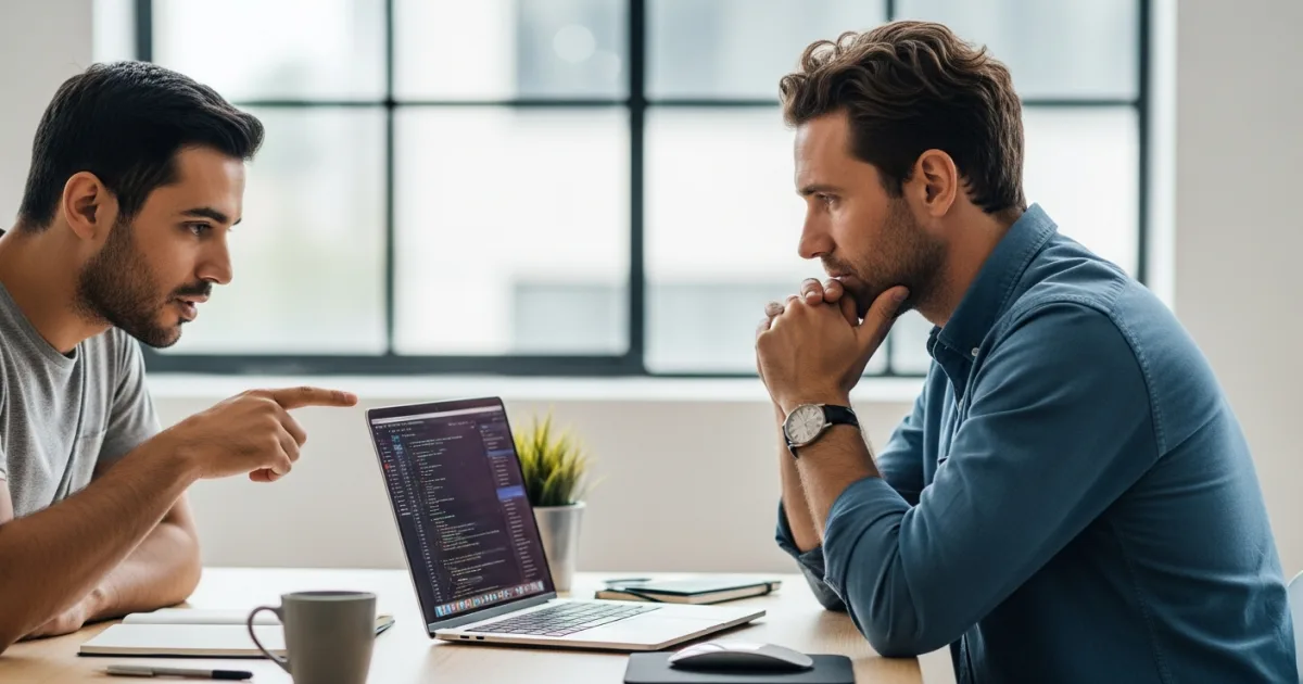 Backend developer showing Node.js API code structure during a nearshore technical interview