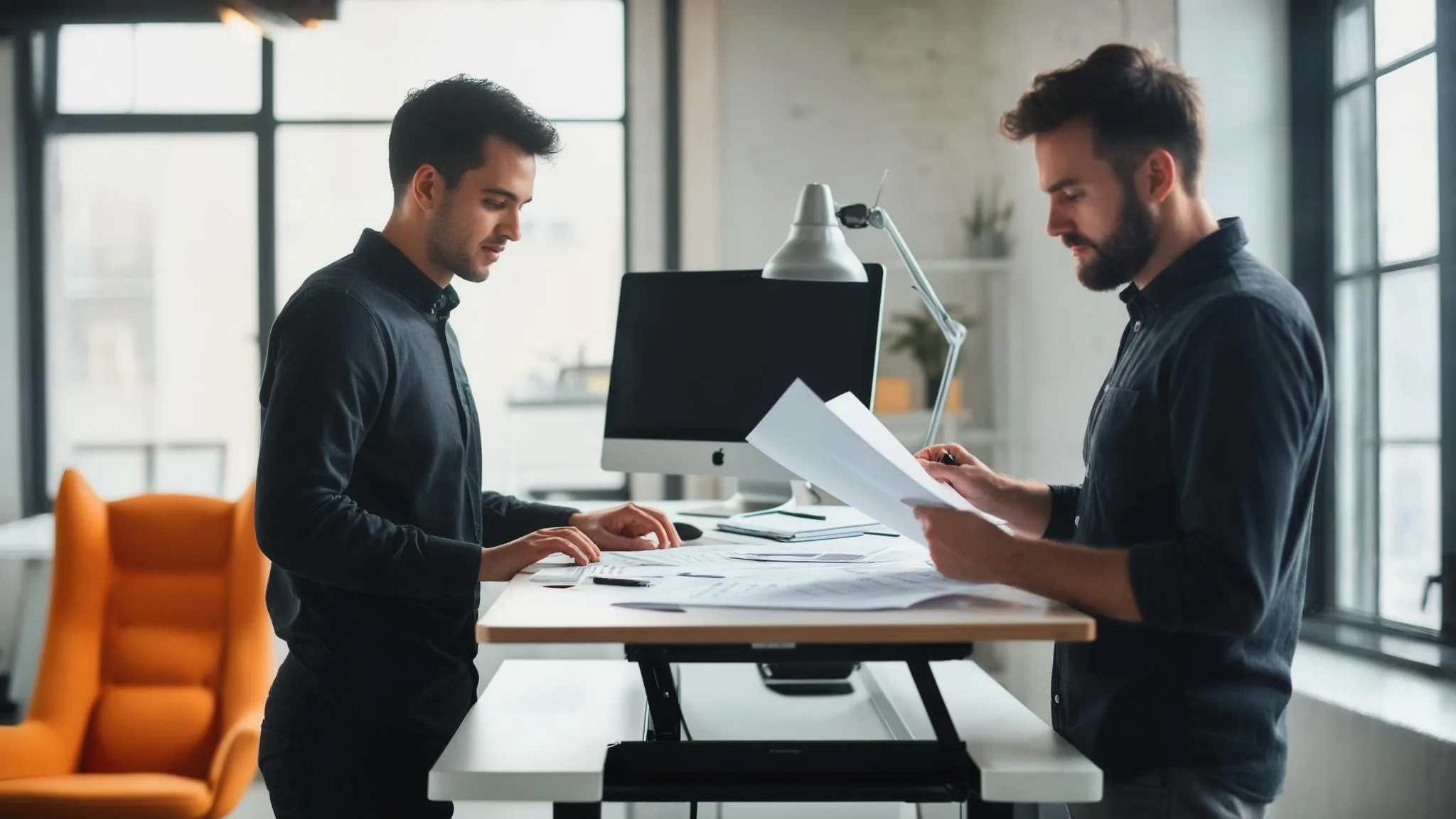 New cloud engineer at a standing desk onboarding with a team lead reviewing documentation, orange accent chair in the background